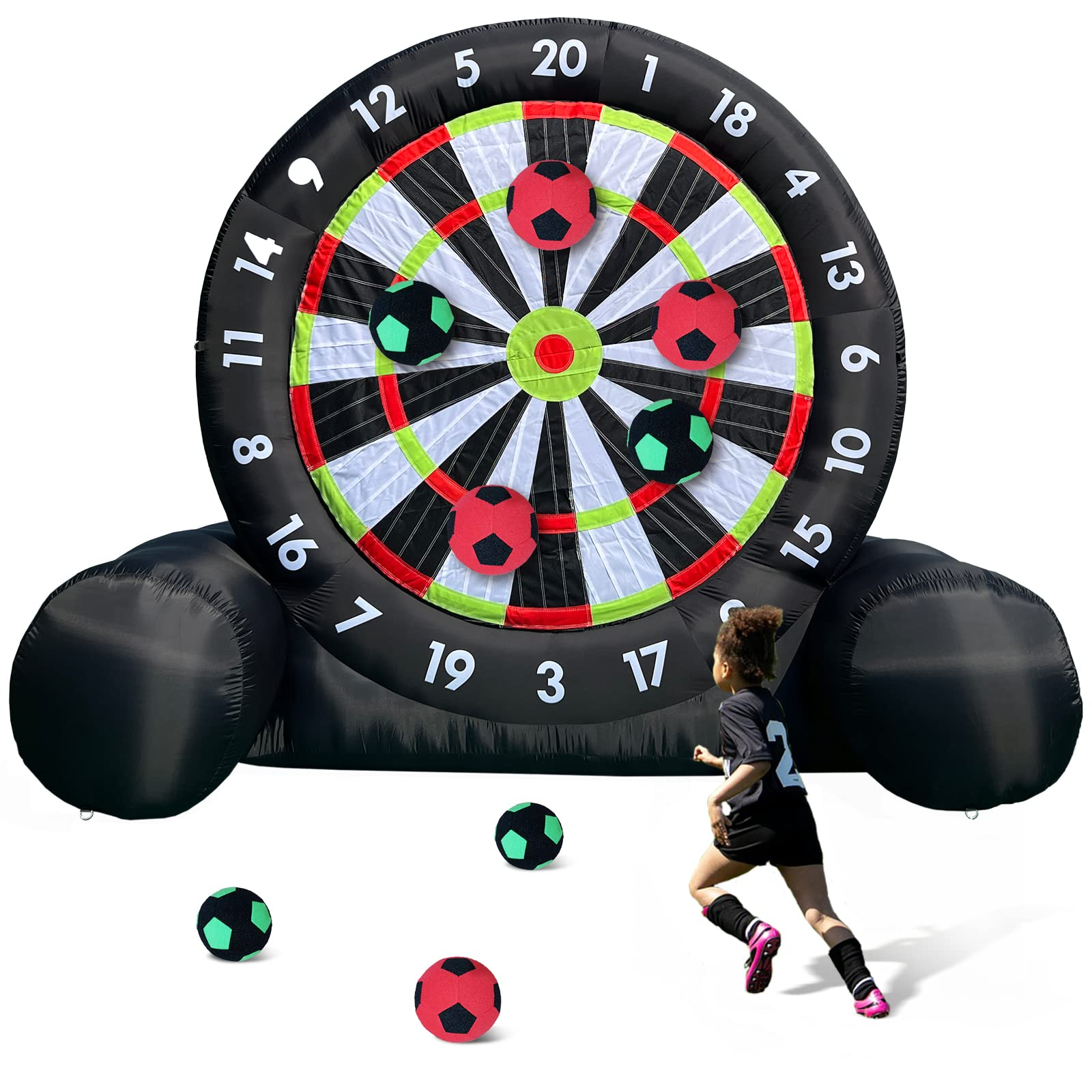 OZIS 10Ft Tall Giant Inflatable Soccer Ball Darts Board with 8pcs Soccer Ball & 350W Blower - Support Frame for Kick Dartboard Sport Game for Outdoor Backyard Active Play for Kids and Adults