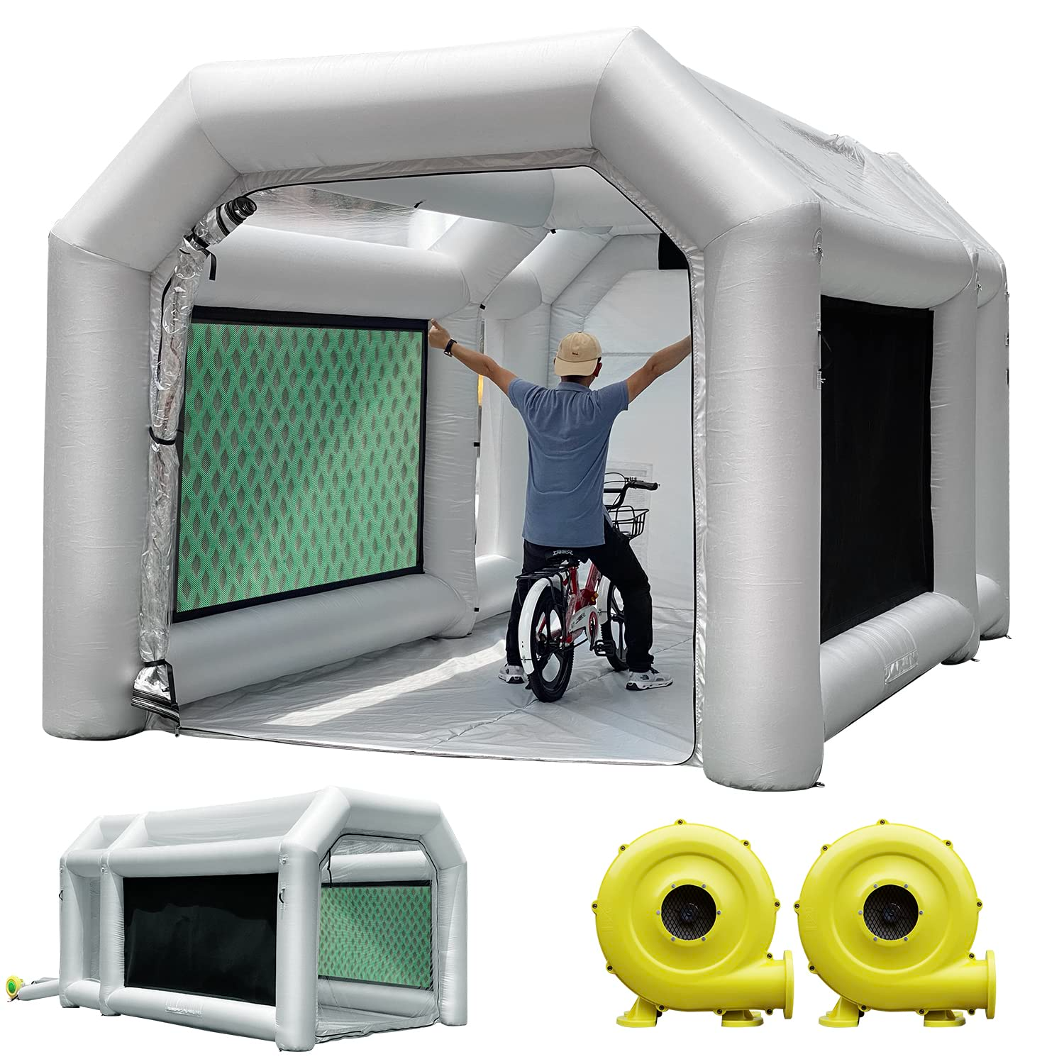 WARSUN 14x10x8.5Ft Inflatable Paint Booth with Oversized&Double Air Filters System Inflatable Spray Booth with 480W+240W Blowers Portable Spray Paint Booth Tent for Auto Parts