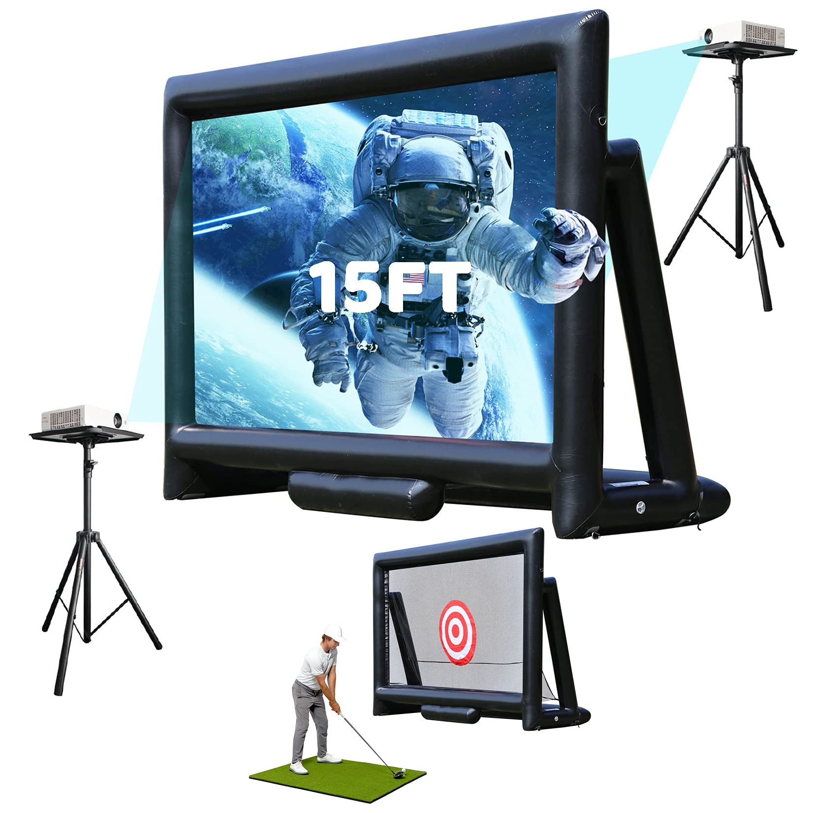 Sewinfla Airtight Movie Screen 15FT Inflatable Golf Practice Net Combination, Support Front & Rear Projection, No Need to Keep Inflating
