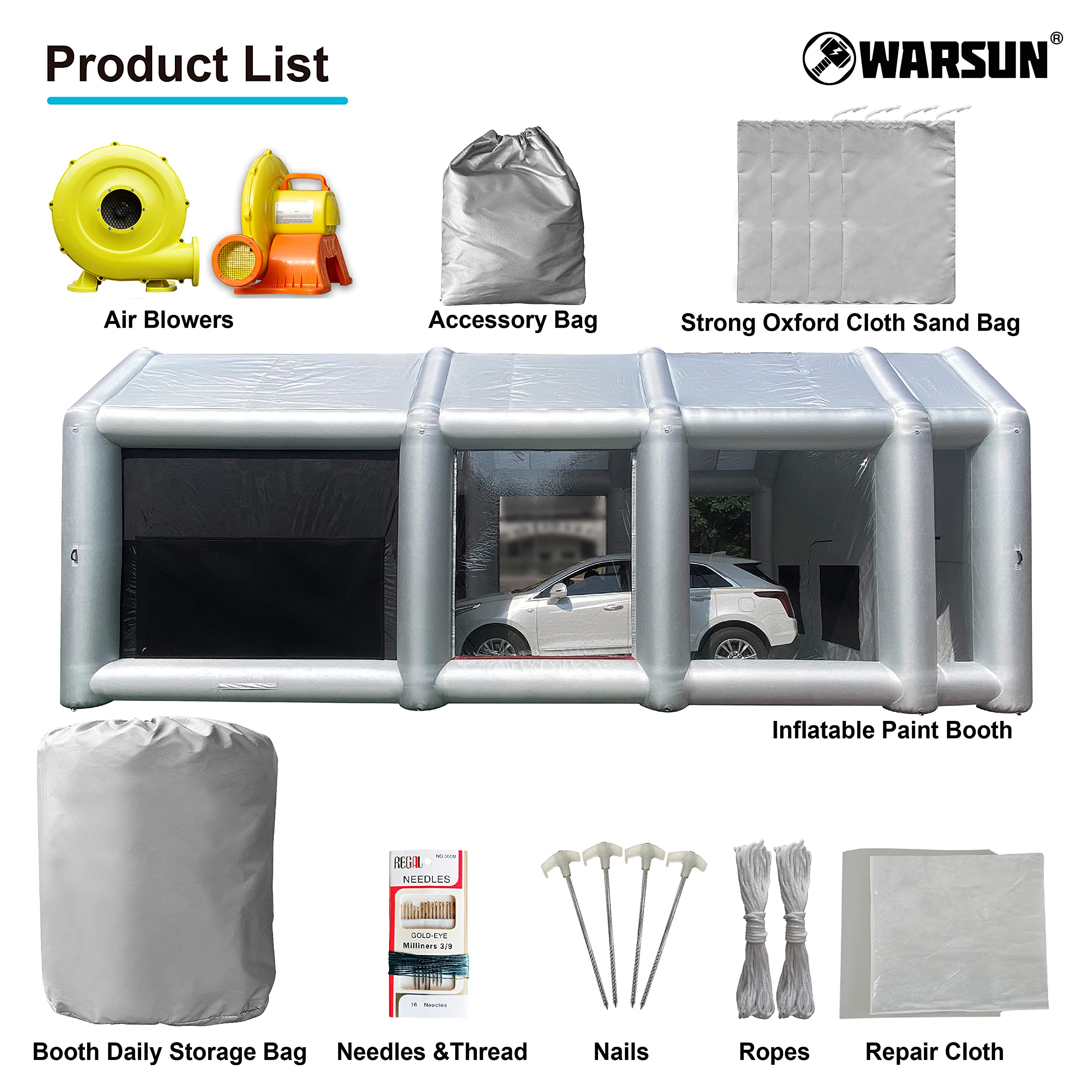WARSUN 33x16.5x13Ft Inflatable Paint Booth with Oversized EPA Registered Filters, Upgraded Inflatable Spray Booth with Blowers 1100W+750W More Durable Portable Paint Booth Tent for Cars