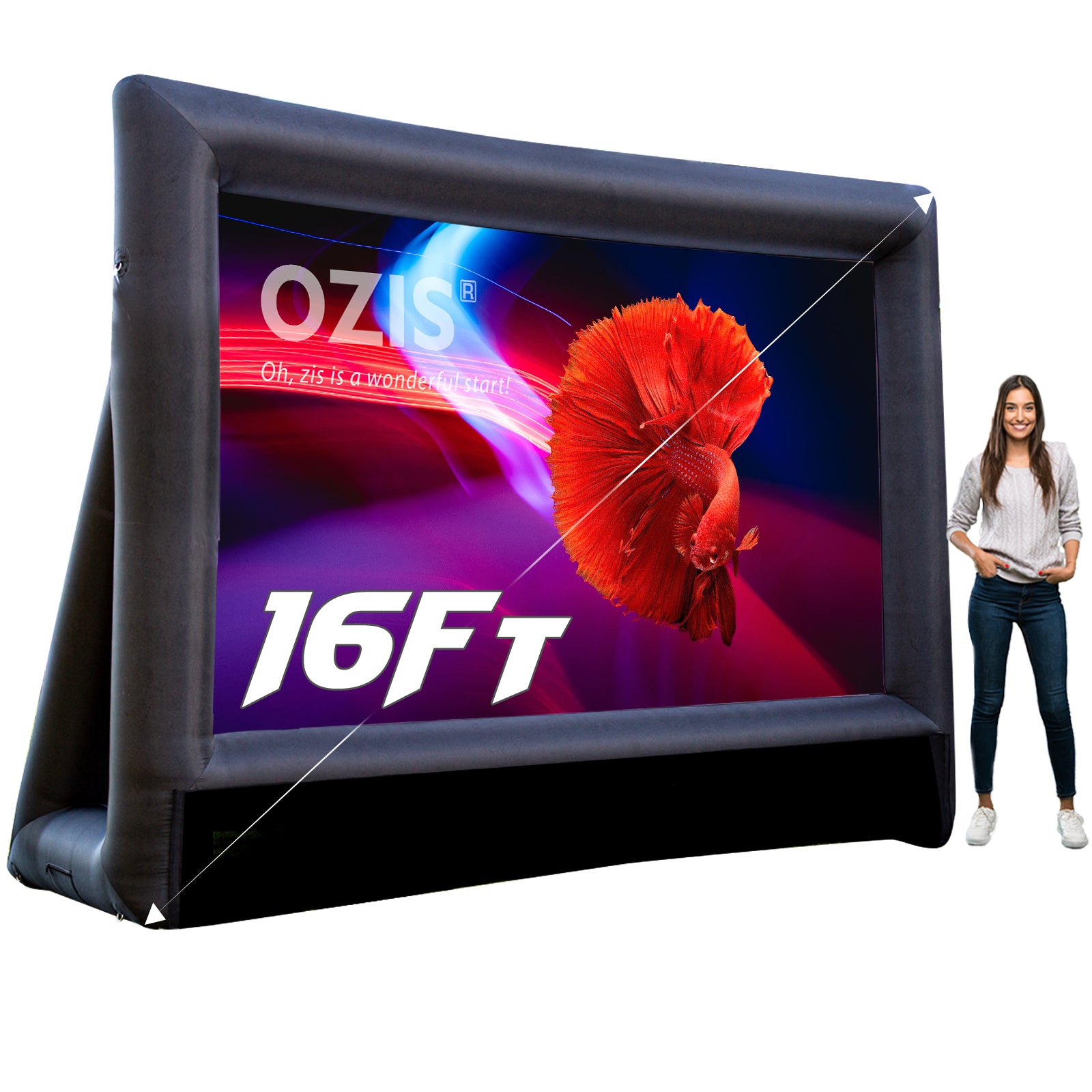 OZIS 16Ft Inflatable Outdoor and Indoor Movie Projector Screen - Blow up Mega Cinema Theater Projector Screen with 240W Blower - Supports Front and Rear Projection - for Backyard Party Barbecue Travel