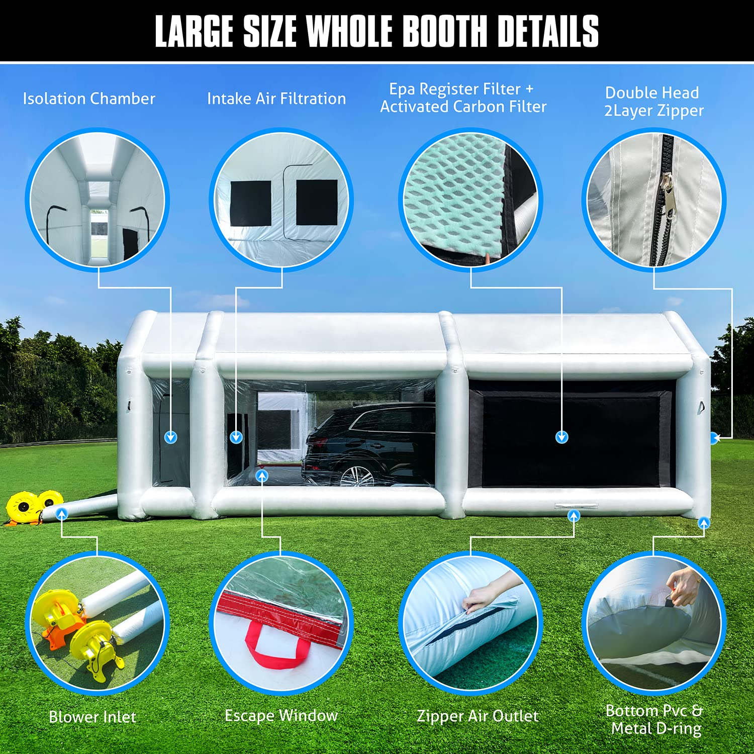 WARSUN Inflatable Paint Booth 28x15x10Ft with Dual-Layer & Oversized Air Filters Portable Paint Booth with 950W+750W Blowers Inflatable Spray Booth Painting for Car